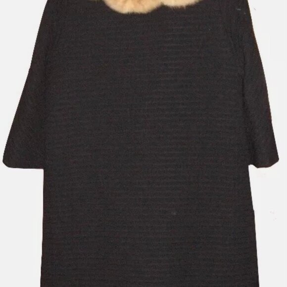 Vintage Black Ottoman Ribbed Wool Coat w/ Real Fur Collar - Picture 3 of 6